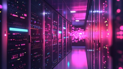Poster - An advanced server room featuring rows of high-performance servers with blinking lights, emphasizing a vibrant, tech-driven environment.
