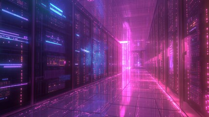 Poster - An advanced server room featuring rows of high-performance servers with blinking lights, emphasizing a vibrant, tech-driven environment.