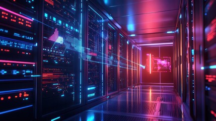 Poster - An advanced server room featuring rows of high-performance servers with blinking lights, emphasizing a vibrant, tech-driven environment.