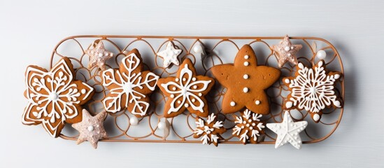 Wall Mural - Festive gingerbread cookies arranged on a decorative rack showcasing intricate designs for a winter holiday celebration