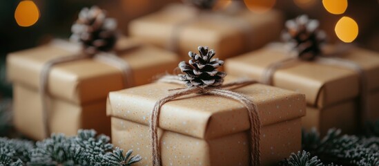 Canvas Print - Gift boxes wrapped in kraft paper adorned with pinecones on a soft pink and yellow background for a festive aesthetic.