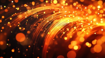 Poster - representation of orange particles flowing through a network of optical fibers, illuminated against a dark background.