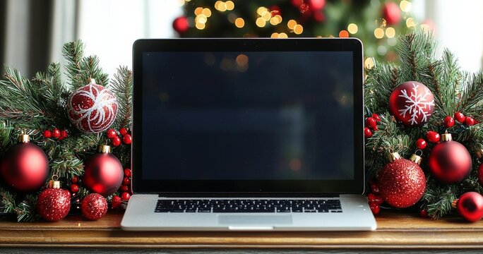 seamless of  Laptop with copy space on screen, with christmas decorations and tree , isolated on white background,  , copy space, copy space for text,