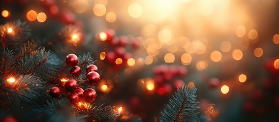 Wall Mural - Festive bokeh background featuring Christmas lights glowing on a beautifully decorated garland with red ornaments and evergreens.