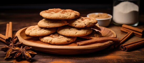 Canvas Print - Cinnamon Cookies on Wooden Plate Surrounded by Spices and Ingredients on Rustic Table