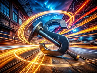 Poster - Long Exposure Letter S Logo Design Featuring Hammer Hand Tool Symbol in Dynamic Motion with Light Trails and a Creative Industrial Aesthetic for Branding and Marketing Purposes