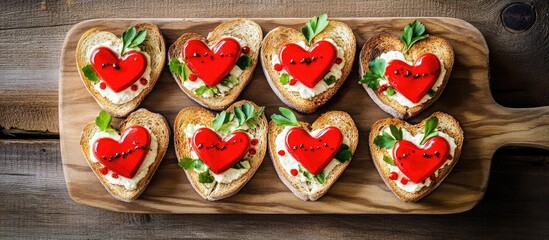 Canvas Print - Heart shaped festive toasts with cream cheese and peppers arranged on a wooden board for a romantic or holiday celebration setting