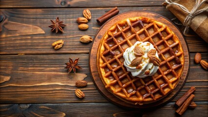 Aufkleber - A golden waffle with whipped cream, almonds, and a drizzle of caramel sauce on a wooden board surrounded by star anise and cinnamon sticks.