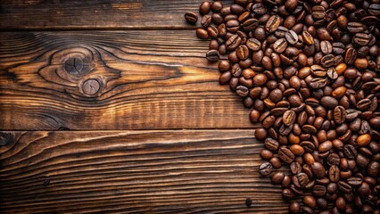 Poster - Coffee beans scattered on rustic wooden background, perfect for a caffeine-inspired design.
