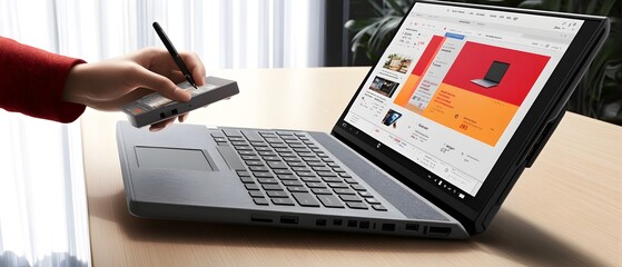 Poster - A person using a stylus on a device beside a laptop displaying a colorful interface.