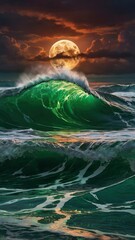 Sticker - Towering, photorealistic waves roll through a storm, their semi-transparent green waters glowing like liquid emeralds. A vibrant, golden moon pierces the crimson-streaked sky - generative ai