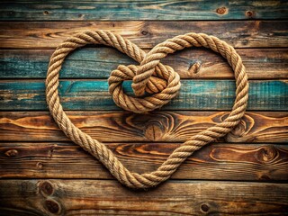 Poster - Loop and Heart of Rope on Wooden Background: A Captivating Urban Exploration Photo Showcasing Textures and Colors in a Rustic Setting