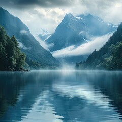 Poster - Nature, beautiful scenery, with clouds, fog, mountains, and water.