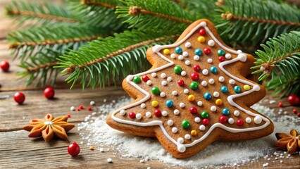 Wall Mural - Festive Gingerbread Tree Cookie Decorated with Sprinkles and Surrounded by Pine Branches on a Rustic Wooden Surface