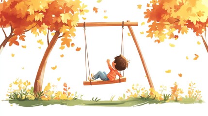 a 2D cartoon illustration of a child playing on a swing set in the backyard, joyful and active, white background--ar 16:9