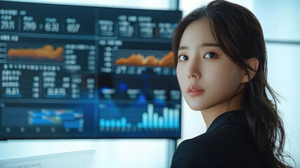 Poster - A glamorous Korean financial advisor in a chic office with large digital screens.