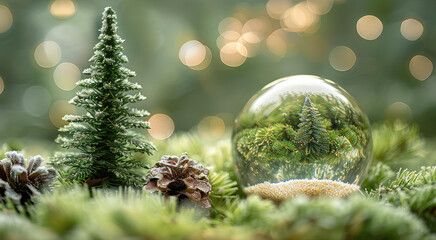 Aufkleber - Green background with sparkling glass ball and little Christmas tree.