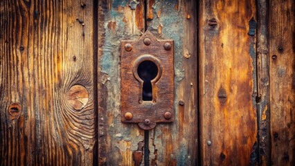 Poster - A weathered wooden door with a rusty keyhole, showcasing the passage of time and the secrets it holds