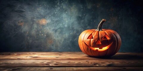 Poster - A glowing jack-o-lantern with a carved face sits on a rustic wooden table against a dark, textured background.