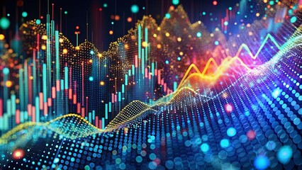Poster - Macro Photography of 3D Rendered Abstract Background Featuring Dynamic Finance Graph with Detailed Dot Particles, Loopable Animation Displaying Up and Down Trends in Complex Data Visualization