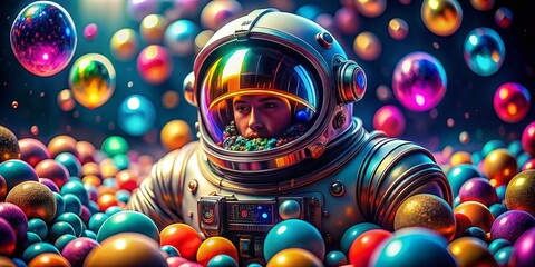 Poster - Macro Photography of Colorful Balls Representing Creativity and Technology Inside a Space Suit, Capturing the Fusion of Imagination and Innovation in a Unique Cosmic Environment