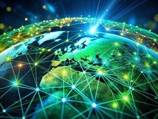 Poster - Macro Photography of Global Network and Data Connections in Green and Blue Colors, Ideal for Technology, Communication, and Social Media Backgrounds in 4K Quality