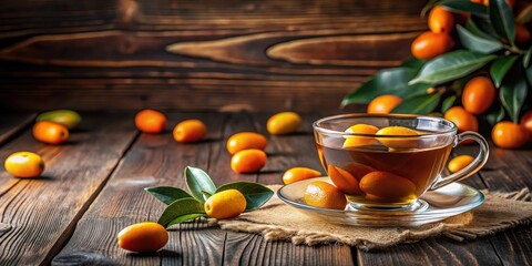 Sticker - A glass cup of tea infused with kumquats, sitting on a rustic wooden table with scattered kumquats and leaves.