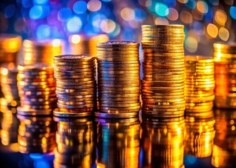 Poster - Macro Photography of Stacks of Coins Symbolizing Financial Growth, Wealth Accumulation, and the Journey to Success in a Dynamic Economic Landscape