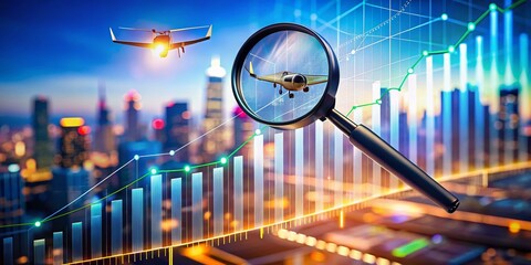 Poster - Magnifying Glass Over Financial Chart Highlighting Rising Graph Trends in Drone Photography for Business Insights, Market Analysis, and Investment Growth Visualization