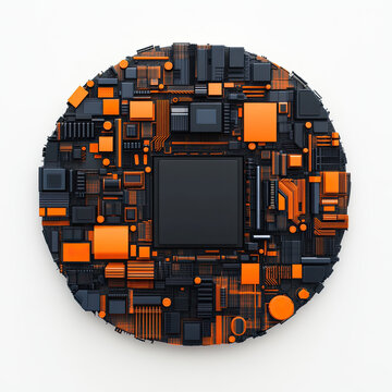 Abstract circuit board design in vibrant orange and black colors on a white background.