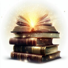 Poster - Glowing open book atop antique book stack.