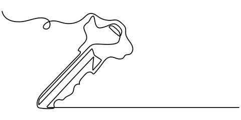 Poster - One line drawing of big key isolated on white background. continuous line drawing of key vector illustration one line style, Security concept continuous line art. Editable outline. Vector minimalist 