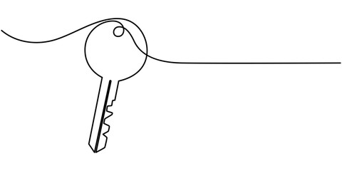 Poster - One line drawing of big key isolated on white background. continuous line drawing of key vector illustration one line style, Security concept continuous line art. Editable outline. Vector minimalist 