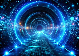Poster - Mesmerizing Drone Photography of a Digital Tunnel Filled with Looping Blue Neon Particles, Capturing the Essence of Futuristic Technology and Visual Artistry in Motion
