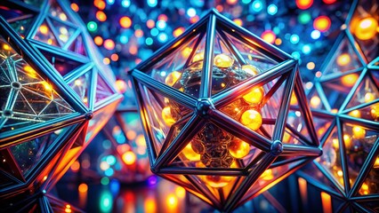 Poster - Mesmerizing Futuristic Abstract Geometric Light Display with High Depth of Field, Showcasing Vibrant Colors and Intricate Patterns in a Dynamic and Engaging Composition