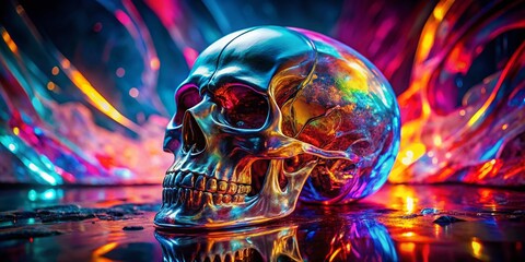 Poster - Mesmerizing Side View of a Glasslike Skull Illuminated by Vibrant Lighting, Showcasing Artistic Fashion Photography with a Modern Aesthetic for Unique Visual Appeal