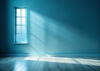 Poster - Minimal Abstract Light Blue Background with Incident Light from Window Creating Soft Shadows on Wall and Floor for Product Presentation in Night Photography Style