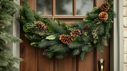 Festive swag artificial greenery with pinecones, hanging by the entrance door