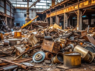 Poster - Minimalist Composition of Scrap Metal Art in a Warehouse Setting, Emphasizing Texture and Form with Soft Natural Lighting for Industrial Aesthetic Photography