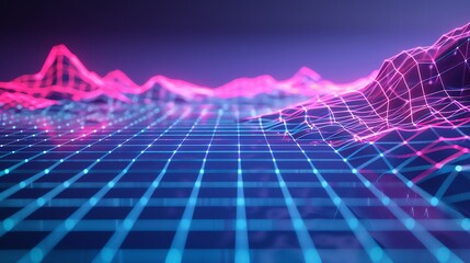 Wall Mural - Abstract glowing pink and blue grid background.