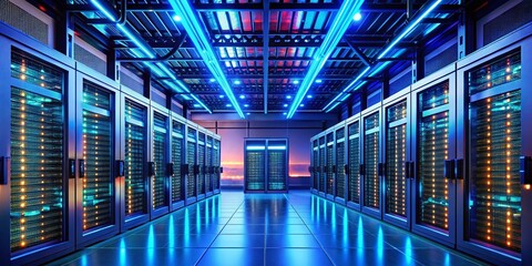 Poster - Minimalist Data Center with Modern Network Racks and Neon Blue Light, Showcasing Cloud Connection, Router, Switch, and High-Tech Data Storage in an Abstract Style