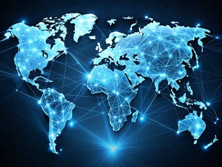 Poster - Minimalist Digital World Map with Glowing Blue Connections Illustrating Global Networks and Information Technology in a Sleek and Modern Design