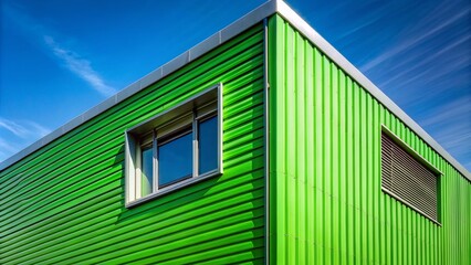 Poster - Minimalist Green Metal Sheet Siding on Modern Building with Ventilation Features, Showcasing Textures and Patterns in Architectural Design for Contemporary Aesthetic Appeal