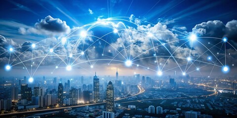 Poster - Minimalist Illustration of Internet Network Innovation Showcasing Wireless Communication, Data Cloud, Cybersecurity, and Automation in a Modern Digital Landscape