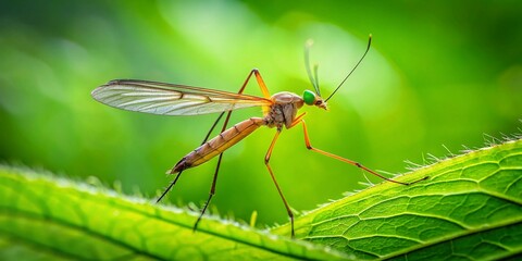 Poster - Minimalist Photography of a Crane Fly on a Leaf, Capturing Natural Beauty and Serenity in a Simple Composition with Soft Focus and Gentle Lighting for a Calming Atmosphere