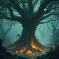 Wall Mural - A Majestic Tree with Glowing Roots