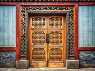 Poster - Minimalist Photography of a Rectangle Chinese Door Featuring Intricate Patterns and Textures, Showcasing Traditional Architectural Elements and Cultural Heritage