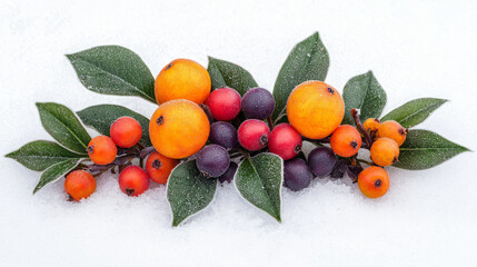 Wall Mural - Vibrant frozen berries in snow, showcasing bright colors and lush leaves. contrast against white snow creates stunning visual appeal