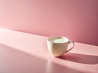 Poster - Minimalist Surreal Photography of a Cup of Milk on a Pink Table, Capturing the Essence of Simplicity and Elegance in a Dreamlike Setting