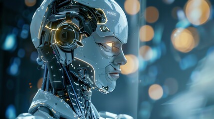 Poster - A close-up of a humanoid robot's face, showing intricate details and glowing eyes.